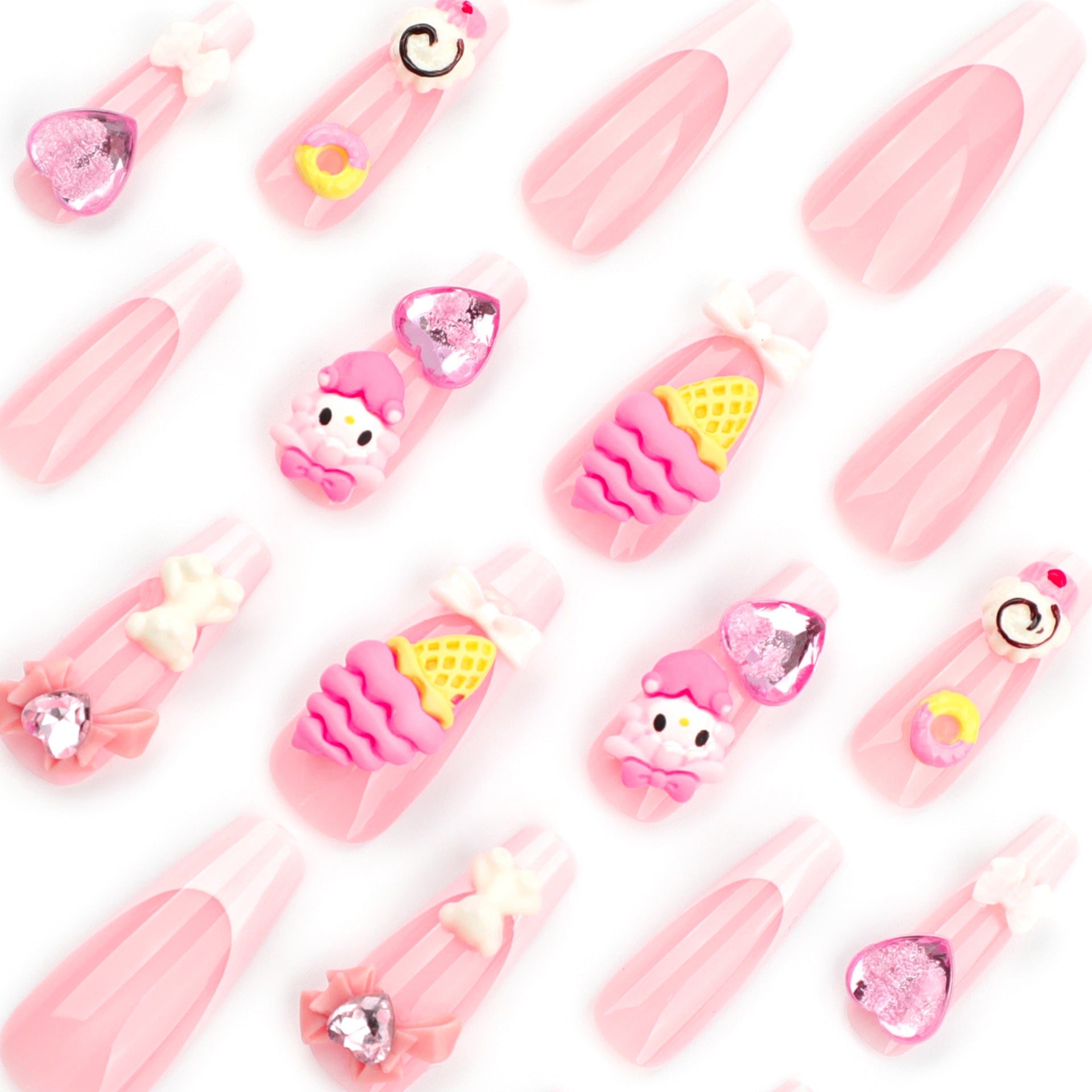 甜美卡通粉色 指甲藝術 甜筒冰淇淋 立體蝴蝶結 愛心 閃鑽｜365nails