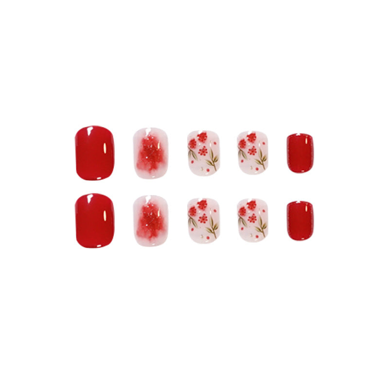 秋冬款｜山楂與紅花圖案 白色煙燻風甲膜 可拆卸假指甲 甲貼｜365nails