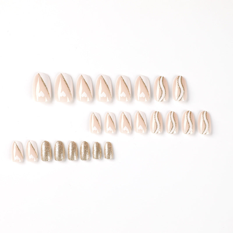 Press on nails short French white edge wavy gold powder nail piece small love nail piece wholesale Press on nails piece｜365nails