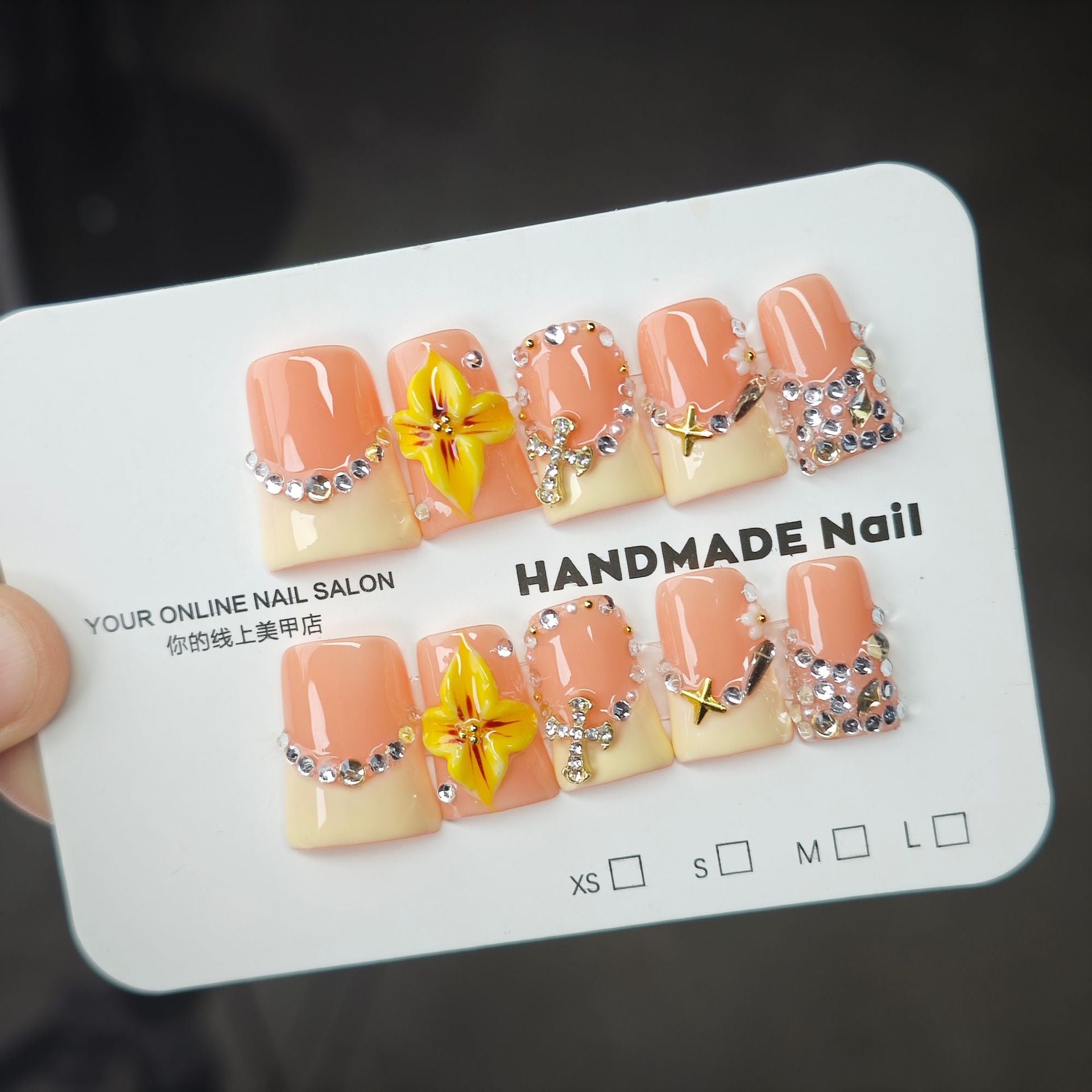 365nails: "Golden Bloom Elegance" – Short Square Nude French Rhinestone Handmade Press-On Nails