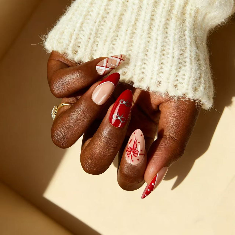 Red Bow and Polka Plaid Festive Press-On Nails