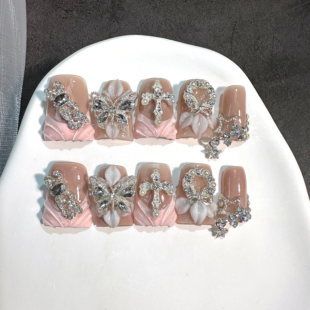 Blush Nude Butterfly Crystal Press On Nails