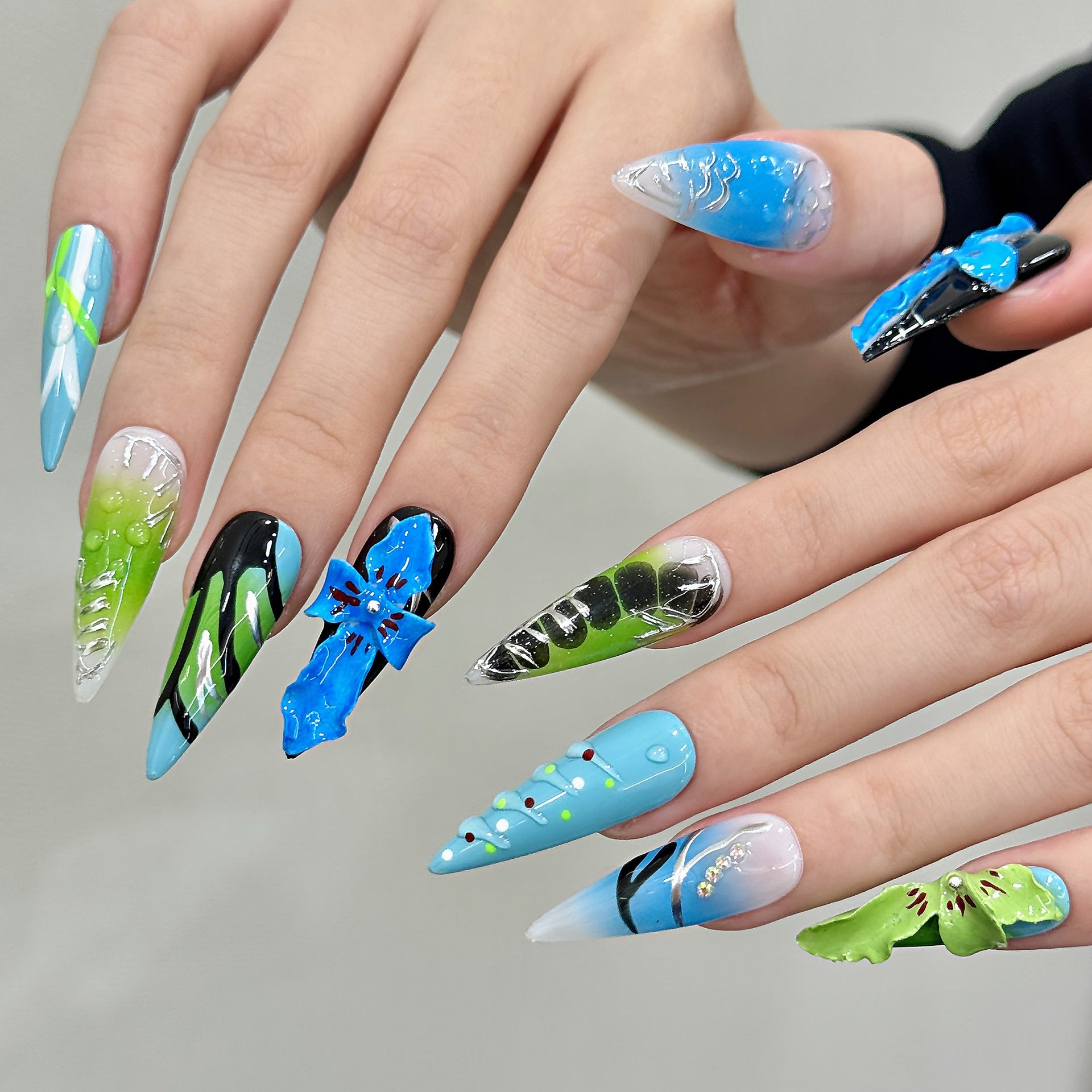 365nails: "Neon Abyss" – 3D Cross & Airbrush Handmade Stiletto Nails