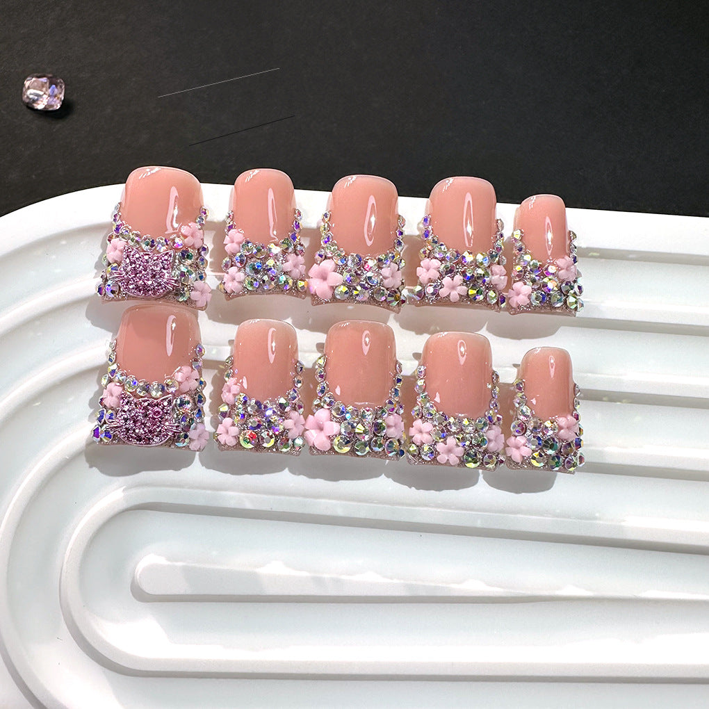 Soft Pink Crystal Floral Press On Nails