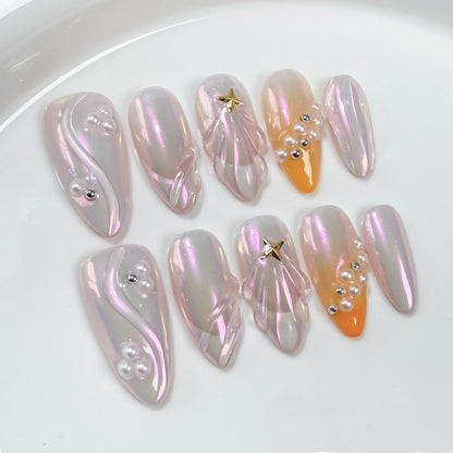 Handmade Press-on Nails Summer Aurora French Almond Turtle Tail Pearl Relief Nail Art Finished Products Factory Wholesale｜365nails