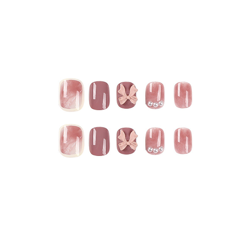 nails piece Press on nails red short nails smudge bow pearl Press on nails piece Wholesale removable nails piece｜365nails