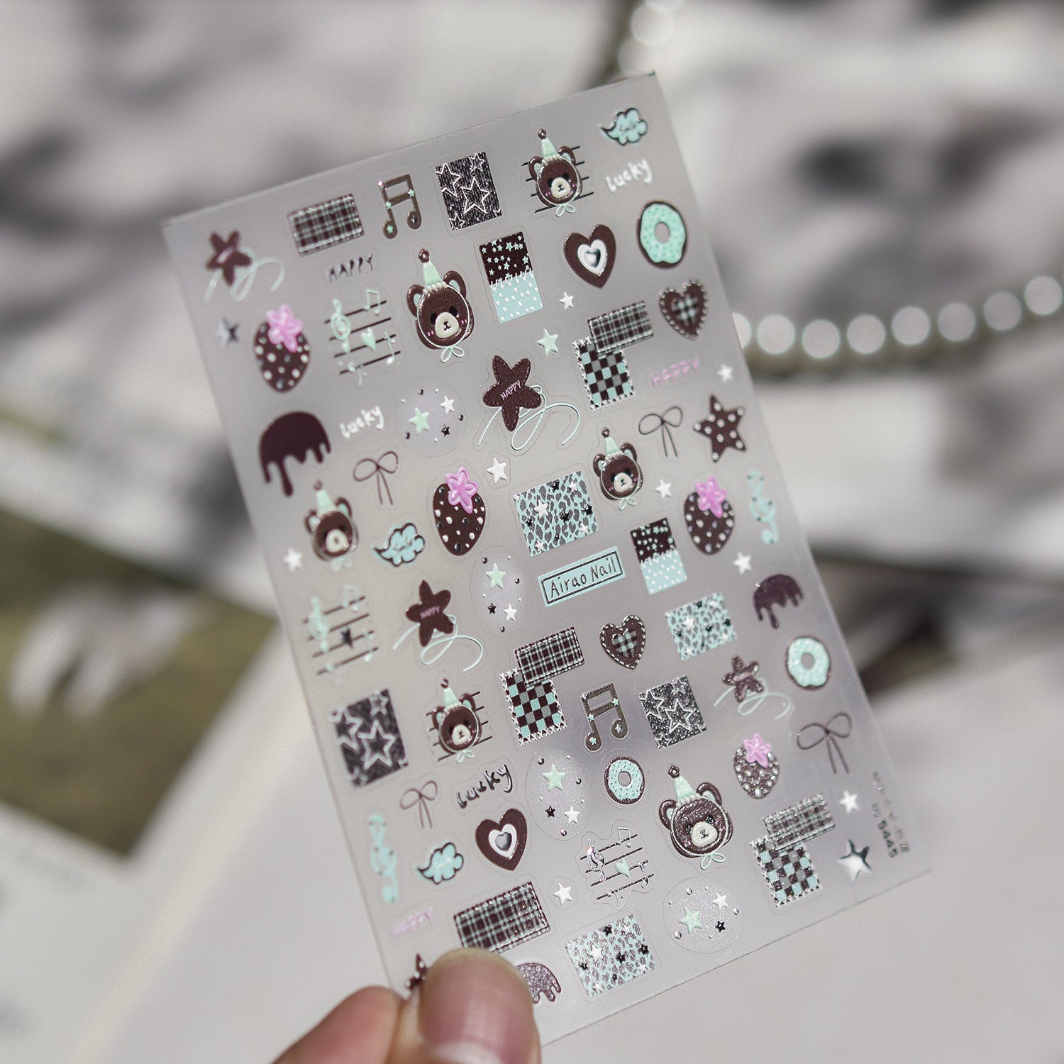 Cute Brown Bear Collection: "Checkered Bear" – 3D Embossed Nail Sticker