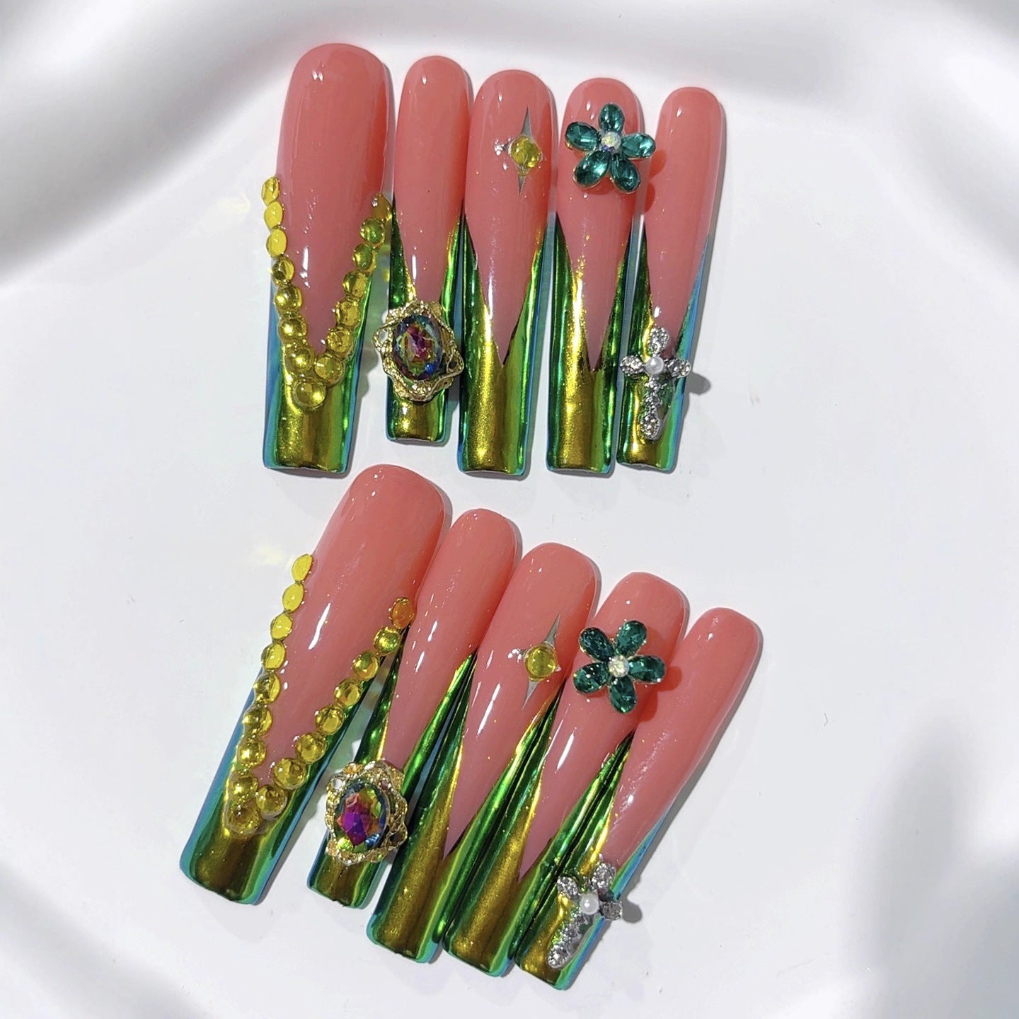 復古翡翠鏡面花卉超長款穿戴甲