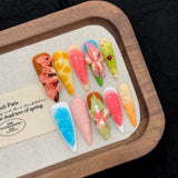 Flores tridimensionales, flores tropicales, uñas multicolores, uñas postizas hechas a mano | 365nails