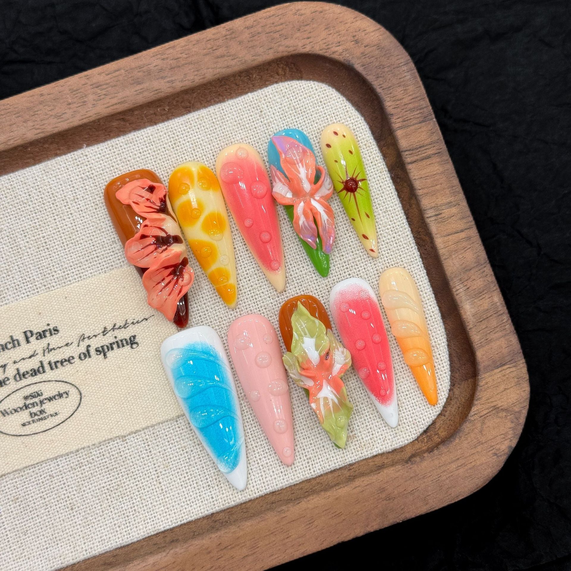 Flores tridimensionales, flores tropicales, uñas multicolores, uñas postizas hechas a mano | 365nails