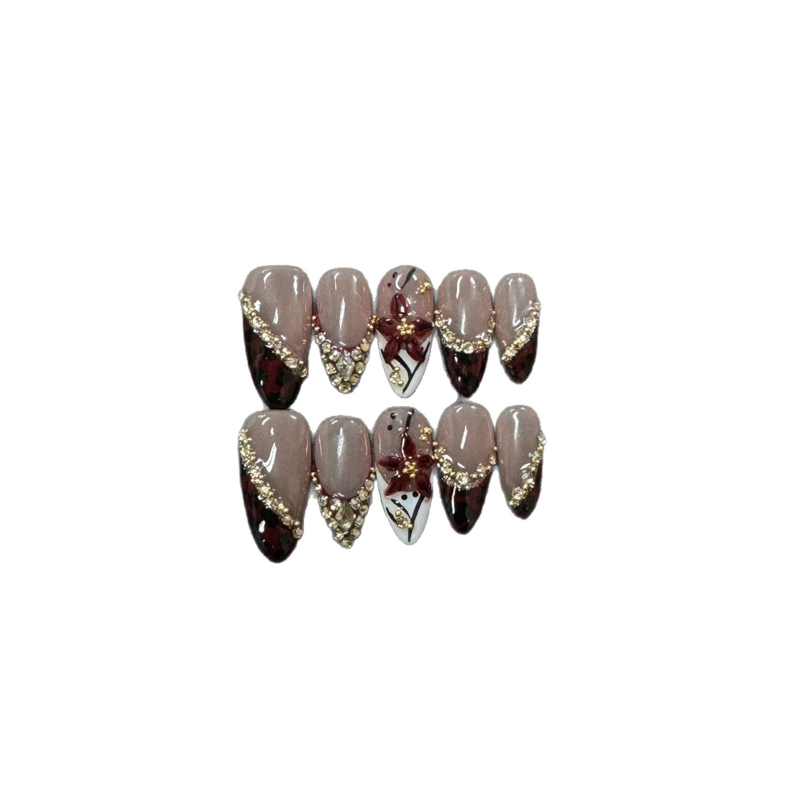365nails: "Velvet Noir" – 3D 리본 & 크리스탈 수제 미디엄 아몬드형 네일
