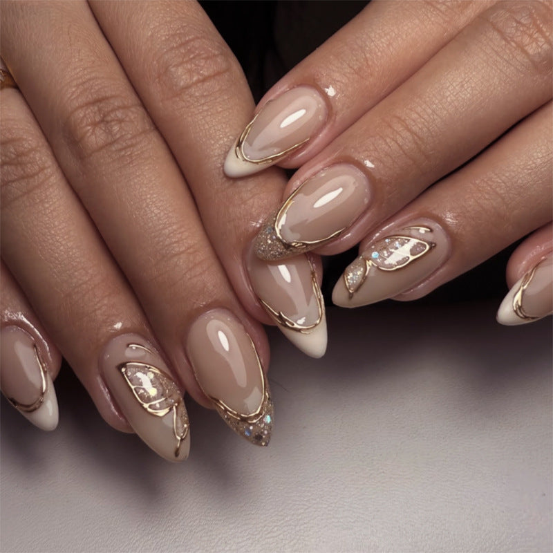 Sparkling Powder Sequins Butterfly French White 3D Gold Dust Short Almonds press-on nails