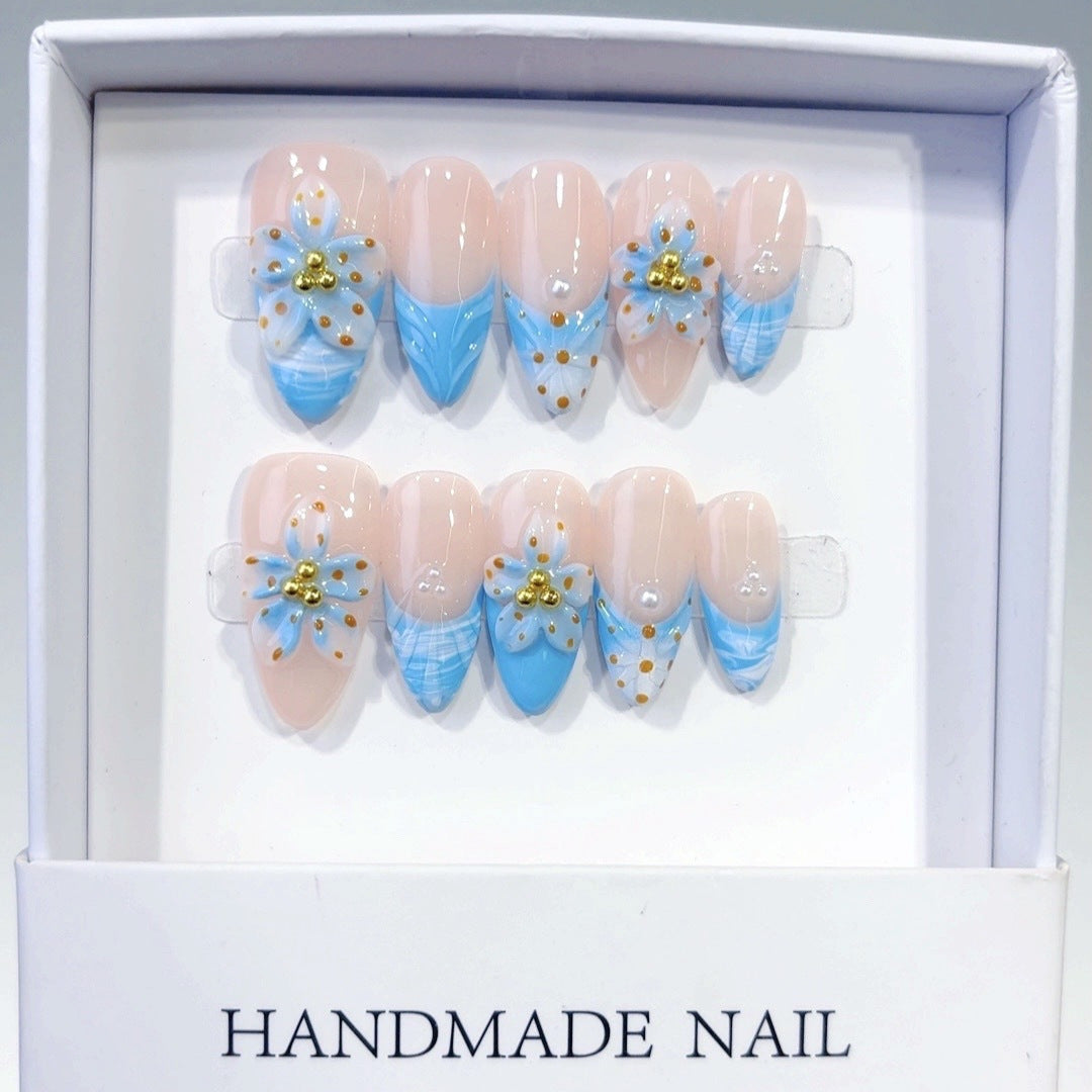 Ocean Bloom: "Blue Petal" – Medium Almond Handmade Press On Nails