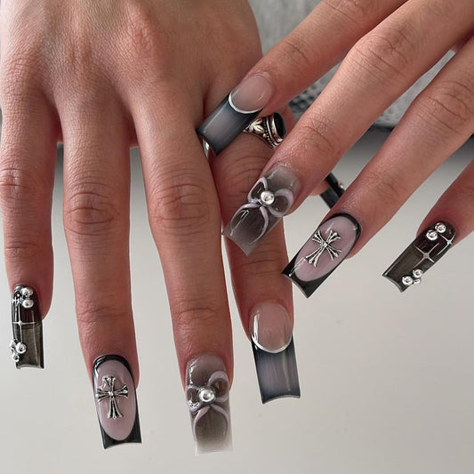 hot-selling square press-on nails French black smudge nail cross nail piece star bow fake nail｜365nails