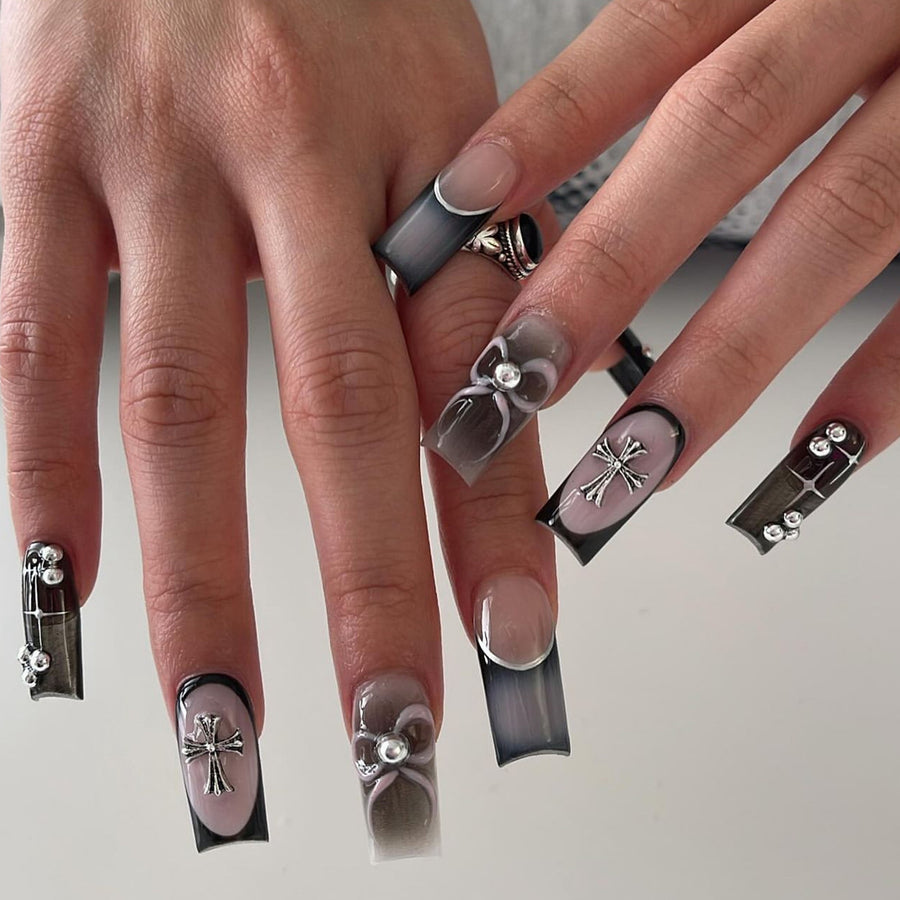 인기 스퀘어형 프레스온 네일 프렌치 블랙 스머지·십자가·별·리본 포인트 네일 팁｜365nails
