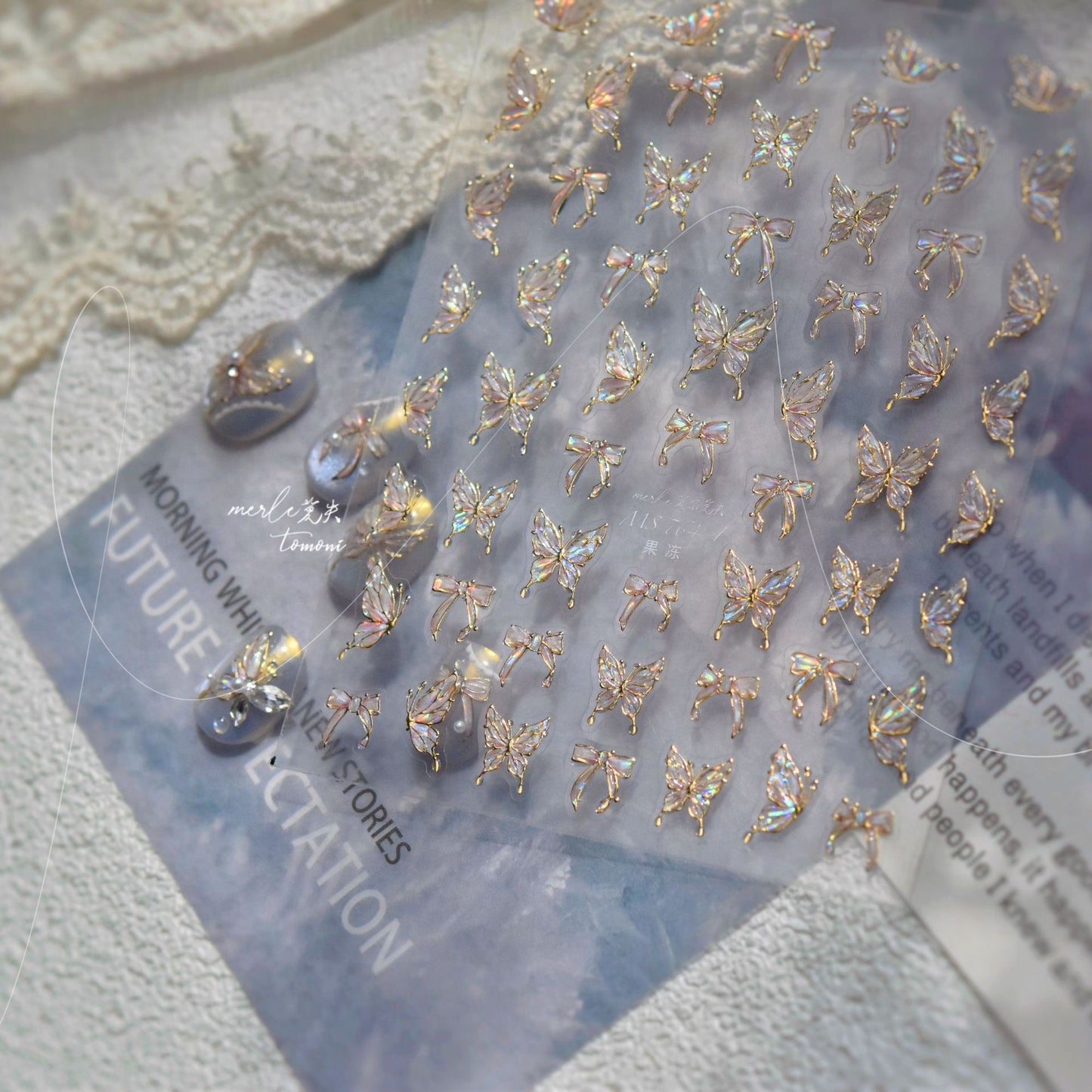 Holographic Jelly Butterfly Nail Stickers – 3D Embossed Iridescent Set