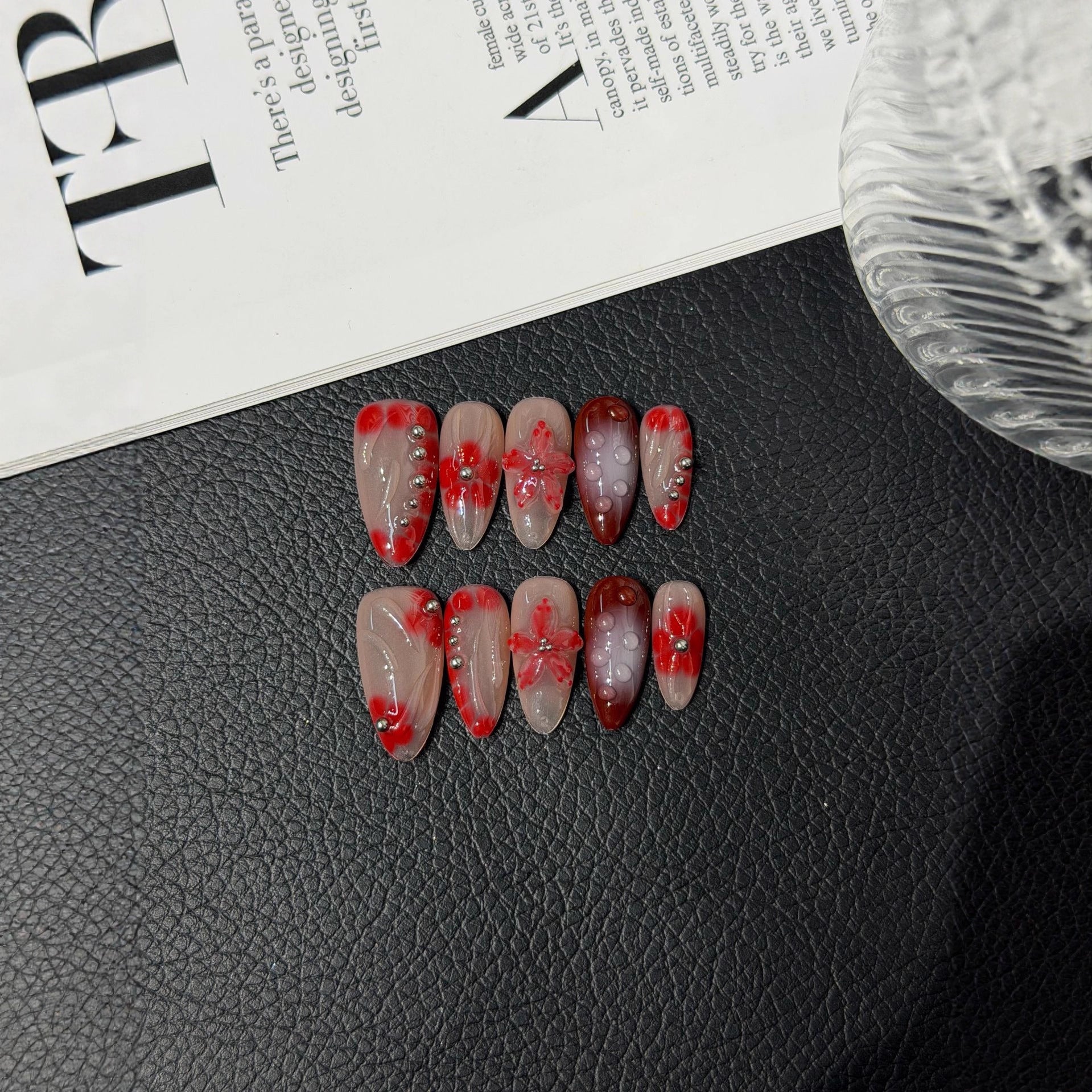 365nails: "Bloody Rose" – 3D Floral & Marble Handmade Almond Nails