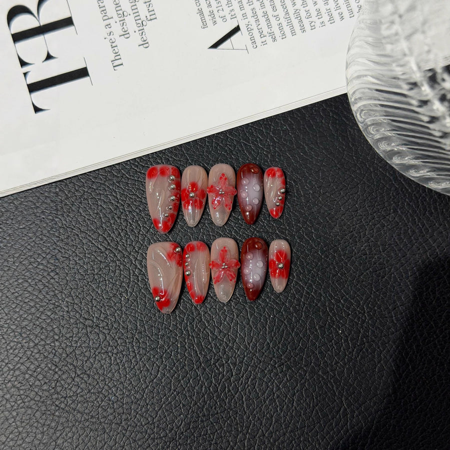365nails: "Bloody Rose" – 3D 플로럴 & 마블 수제 아몬드형 네일