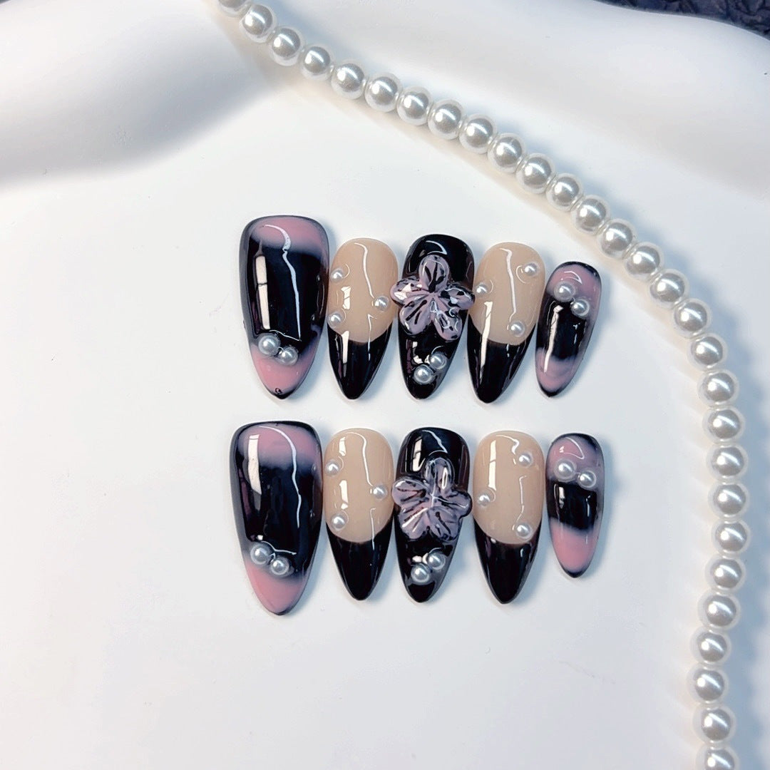 365nails: "午夜櫻花黑夜" – 中長款 杏仁形 黑粉漸層 3D花朵 手工製 穿戴甲