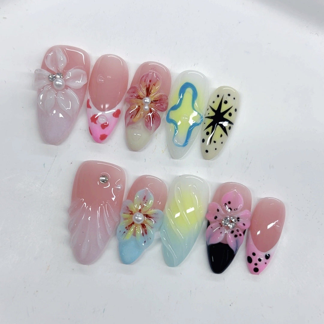 Floraison tropicale : "Fantaisie florale" – Ongles press-on faits main amande mi-longs