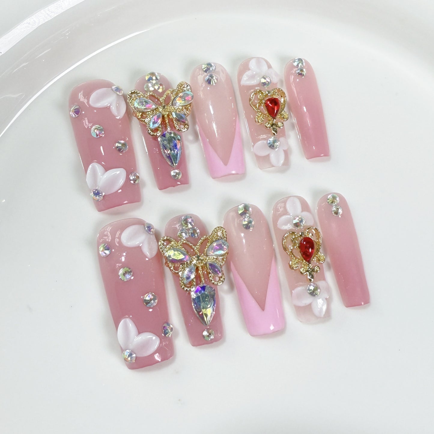 Unhas postiças quadradas médias e longas feitas à mão, gravura tridimensional, produto final de arte de unhas longas, doces e explosivas, atacado de fábrica｜365 unhas