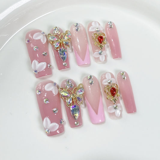 Medium and long square handmade press-on nails, three-dimensional engraving, sweet and explosive long nail art finished product factory wholesale｜365nails