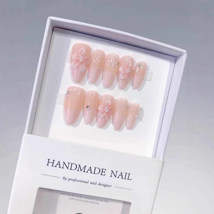 Blush Petal: "Pearl Flower Grace" – Almond Press-On Nails