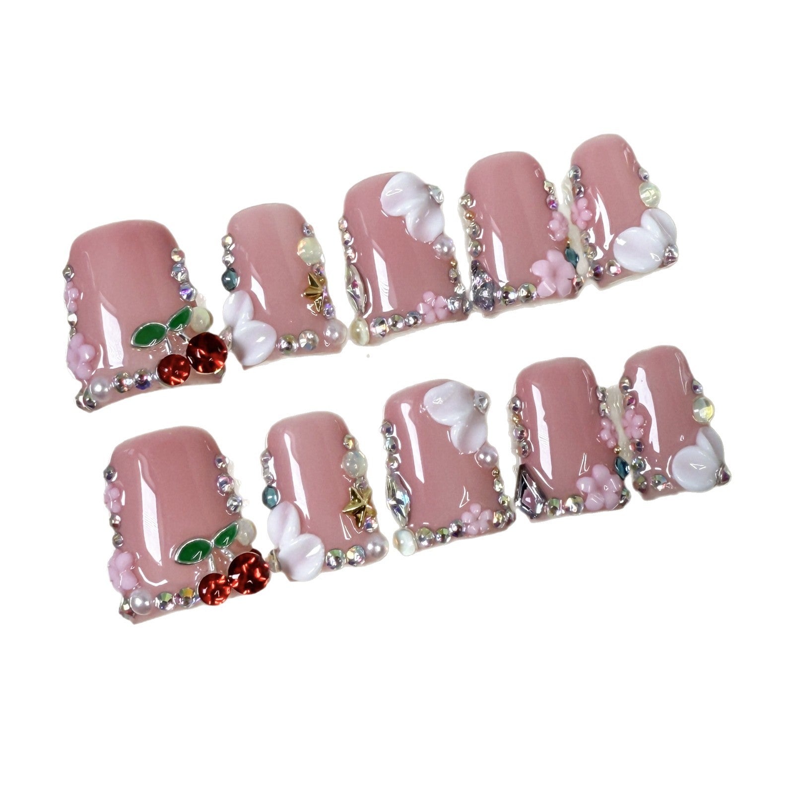 Duck bill nail three-dimensional carving gentle cherry powder sweet handmade press-on nails flash ice through fake nails｜365nails