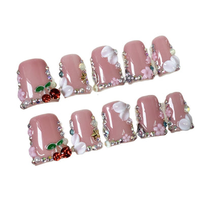 Duck bill nail three-dimensional carving gentle cherry powder sweet handmade press-on nails flash ice through fake nails｜365nails