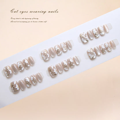 Nail Tips  prefabricated nail three-dimensional gilt leaves white flowers cat eye retro white press on nails 30 pieces｜365nails