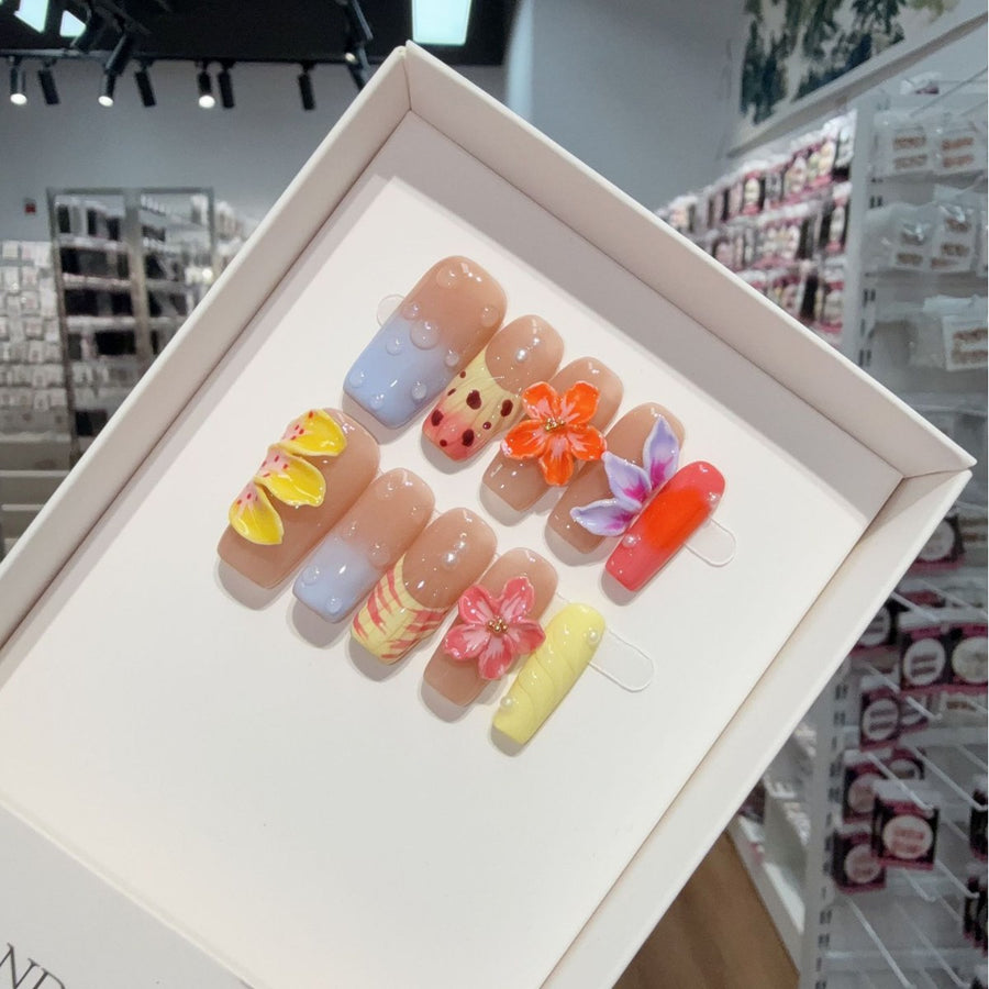 365nails: "Tropical Bloom" – 3D Floral & Butterfly Handmade Medium Coffin Nails