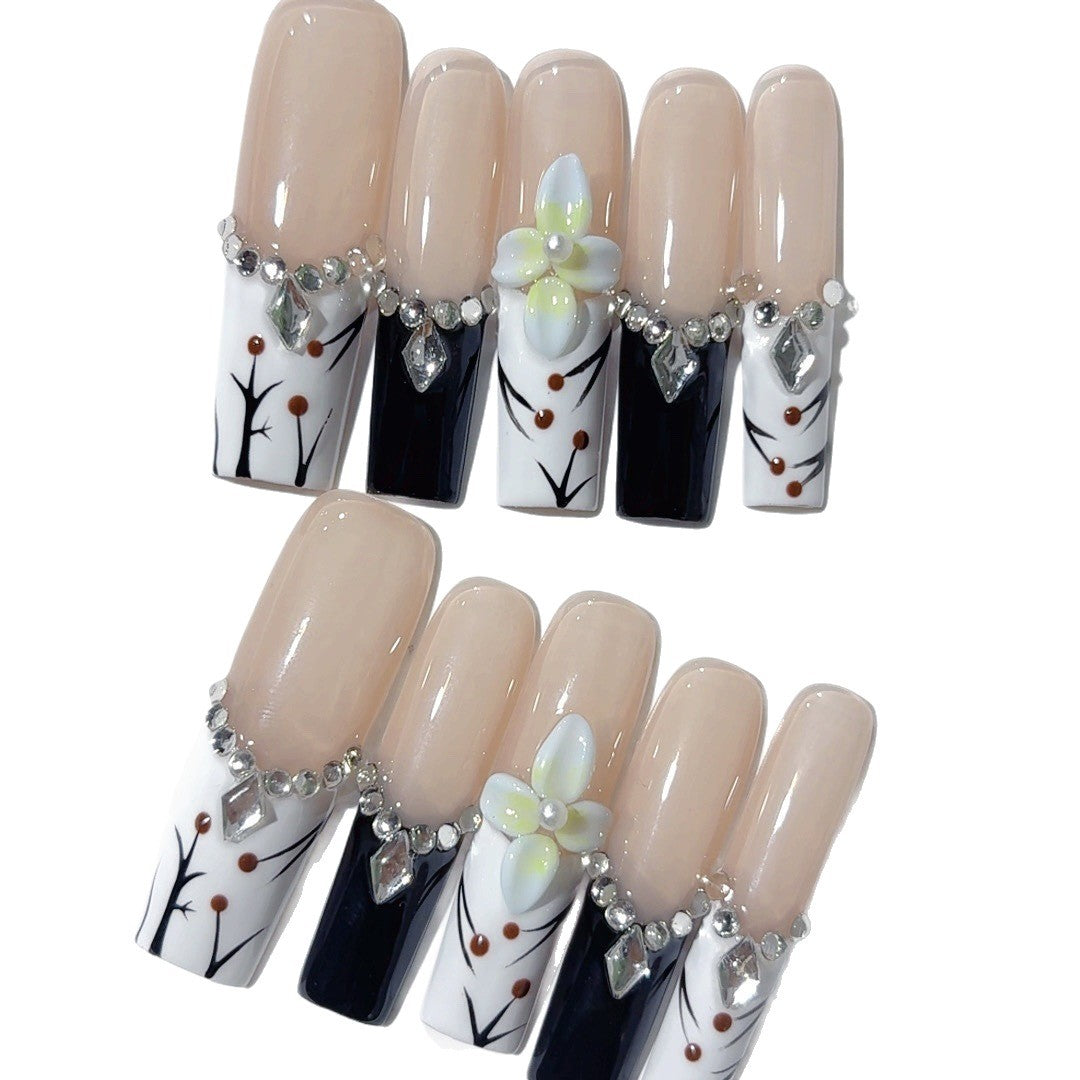 Elegant Nude Floral Crystal Contrast Press On Nails