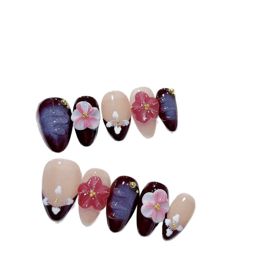 365nails : « Prune Sakura Noir » – Ongles press-on forme ovale courts prune-rose floral fait main