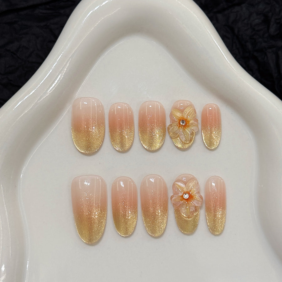 365nails: "Gilded Bloom" – 3D Floral & Glitter Ombré Handmade Medium Almond Nails