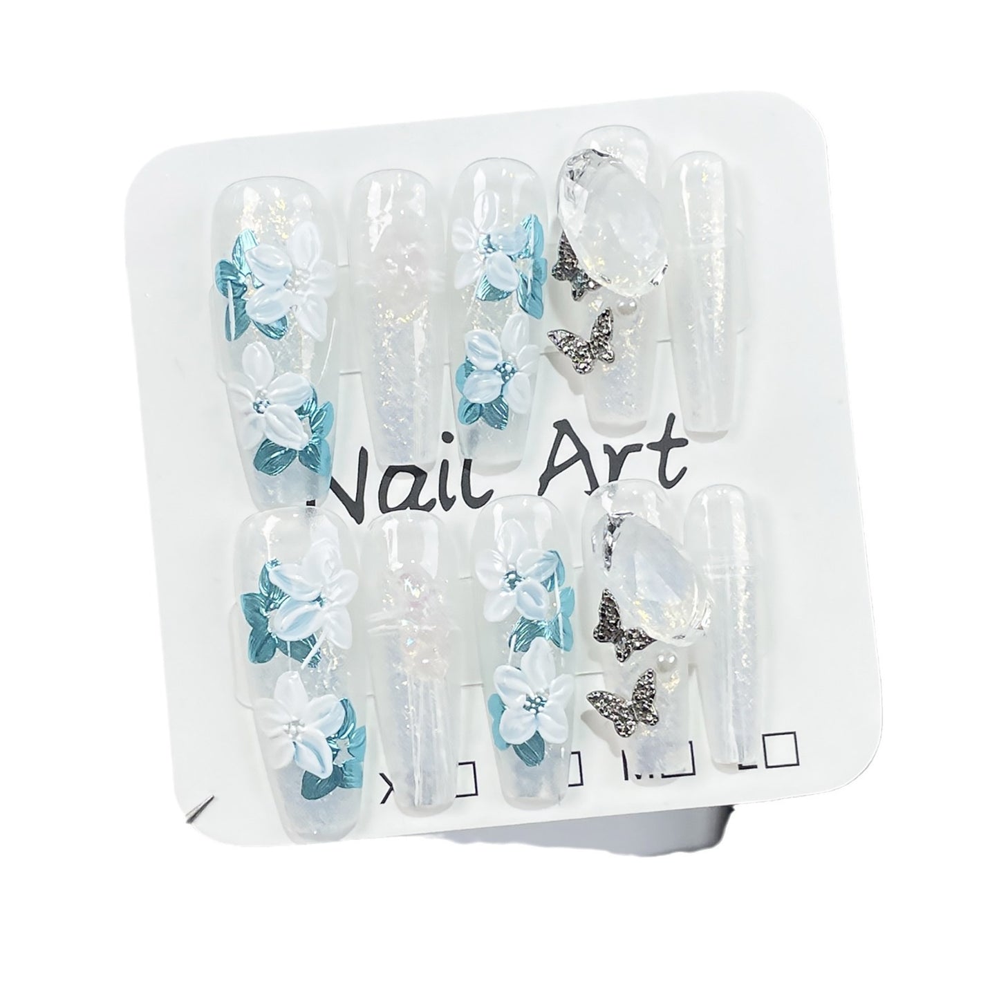 Handmade press-on nails ice through hand-painted flowers extended nail patch wearable nail sticker wholesale｜365nails