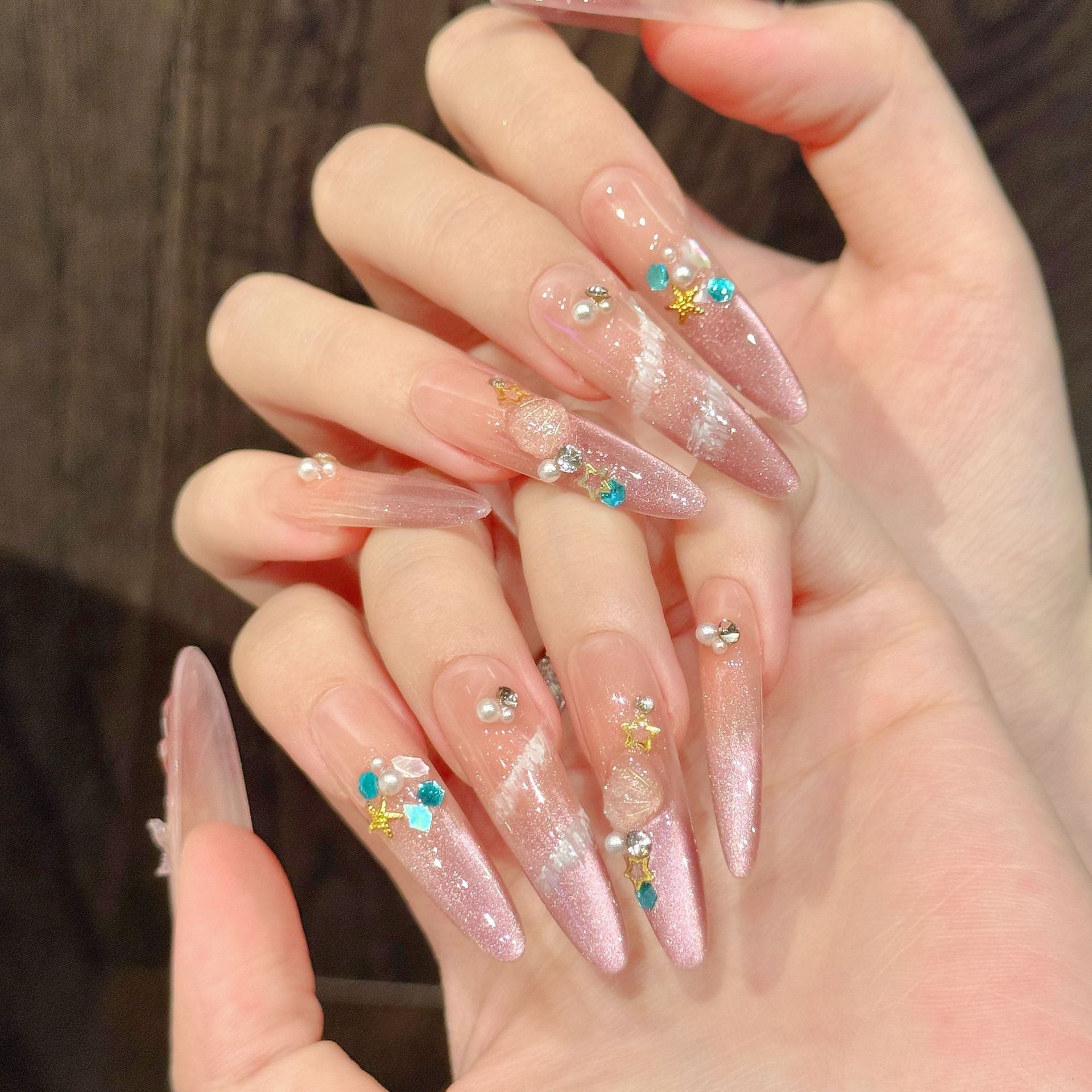 365nails: "Ethereal Bloom" – 3D Seashell & Pearl Handmade Long Almond Nails