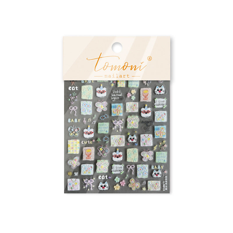 Cat Square Collection: "Pastel Cat" – 3D Embossed Nail Sticker