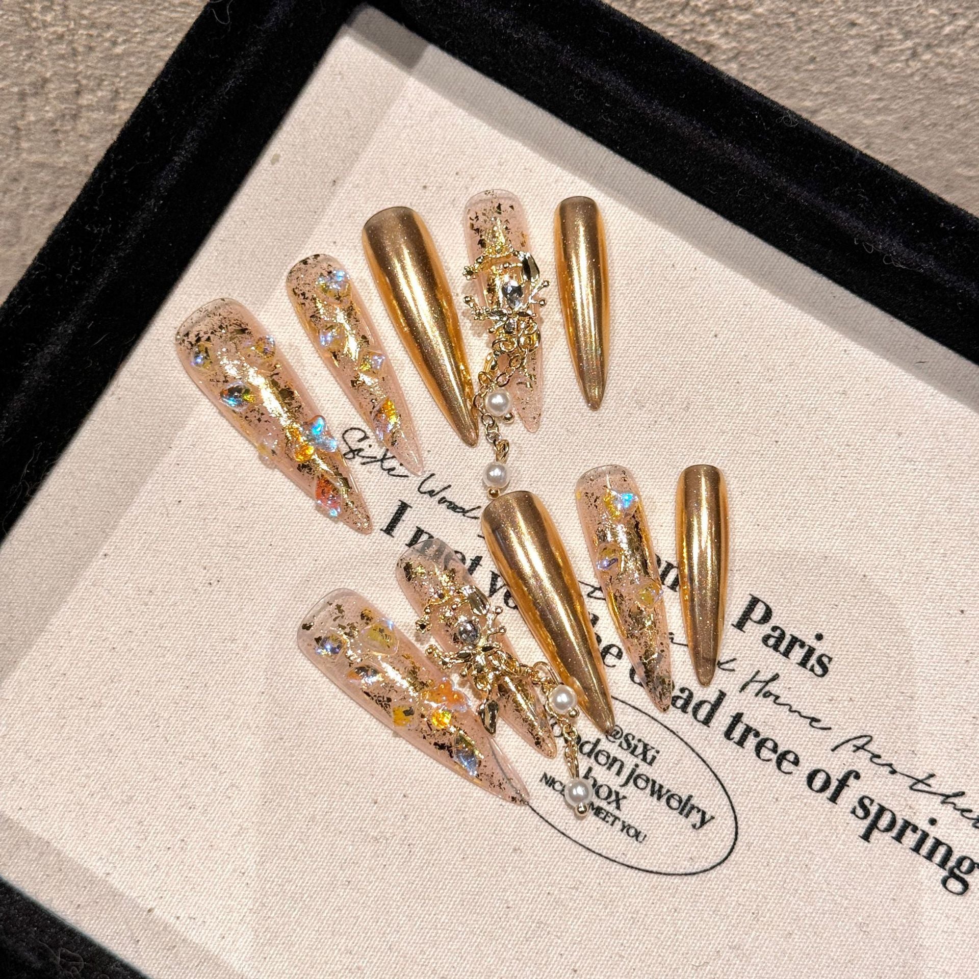 365nails: "Golden Cascade" – 3D Rhinestone & Chrome Handmade Stiletto Nails
