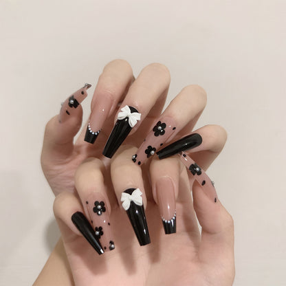 Balé francês longo com strass azul, linha ondulada, pequena flor preta, para manicure, fornecimento direto, patch 365nails