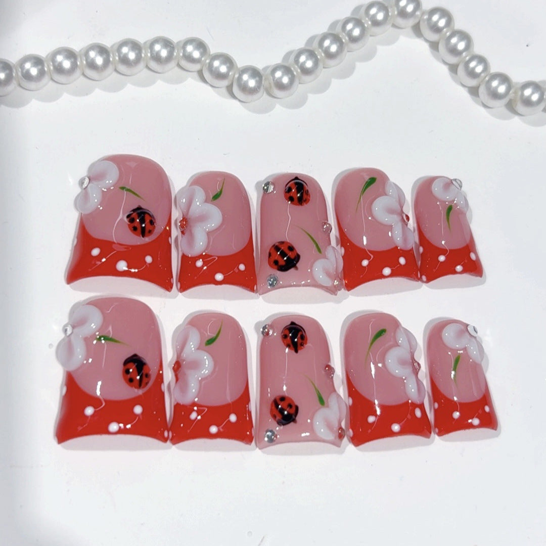 Whimsical Garden: "Ladybug Blossom" – Square Shape Handmade Press-On Nails