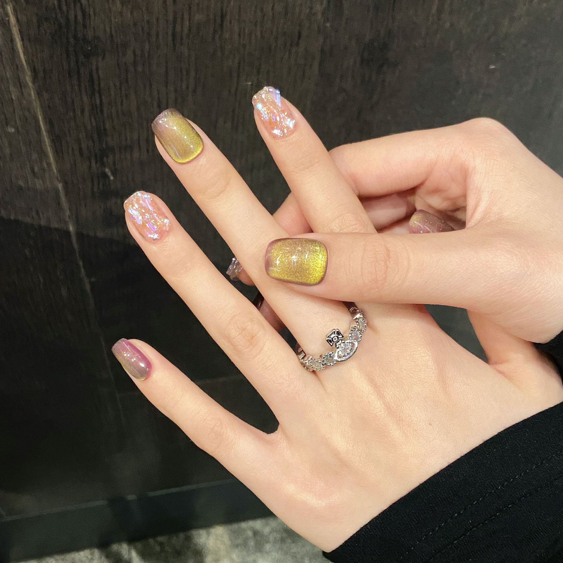 365nails: "호박빛 황혼" – 오로라 캣아이 & 쉘 아트 수제 스퀘어형 네일