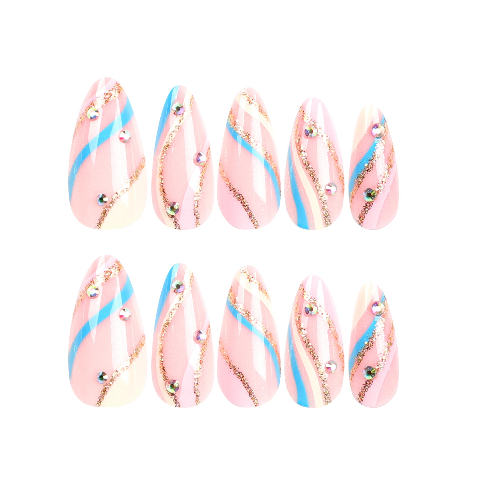 Color striped wear nail piece Golden glitter corrugated nail art point drill Almond nail false nail false nail｜365nails
