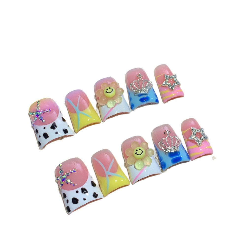 Colorful Pink Nails with Smiley Flower and Star Charms