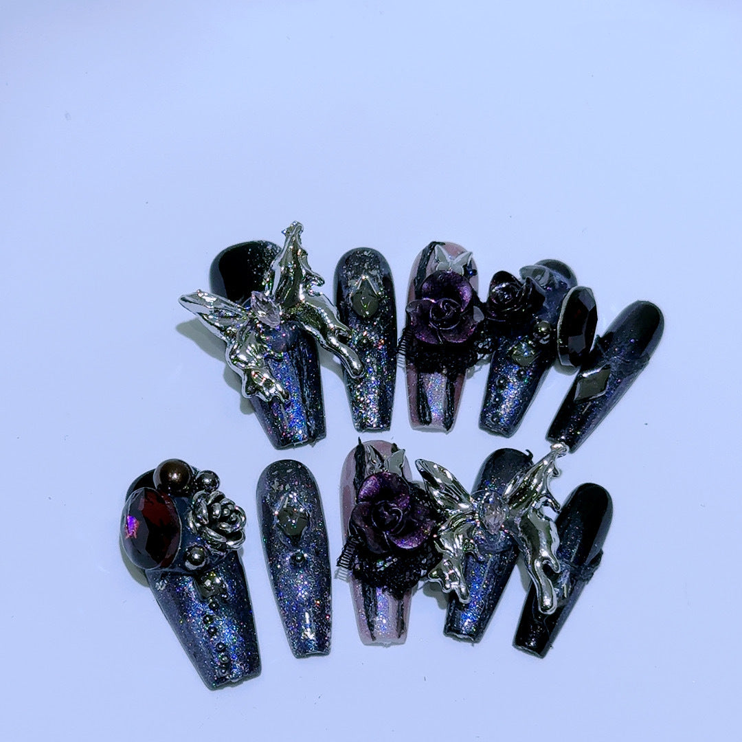 Gothic Press-On Nails with Dark Roses and Silver Dragon Charms