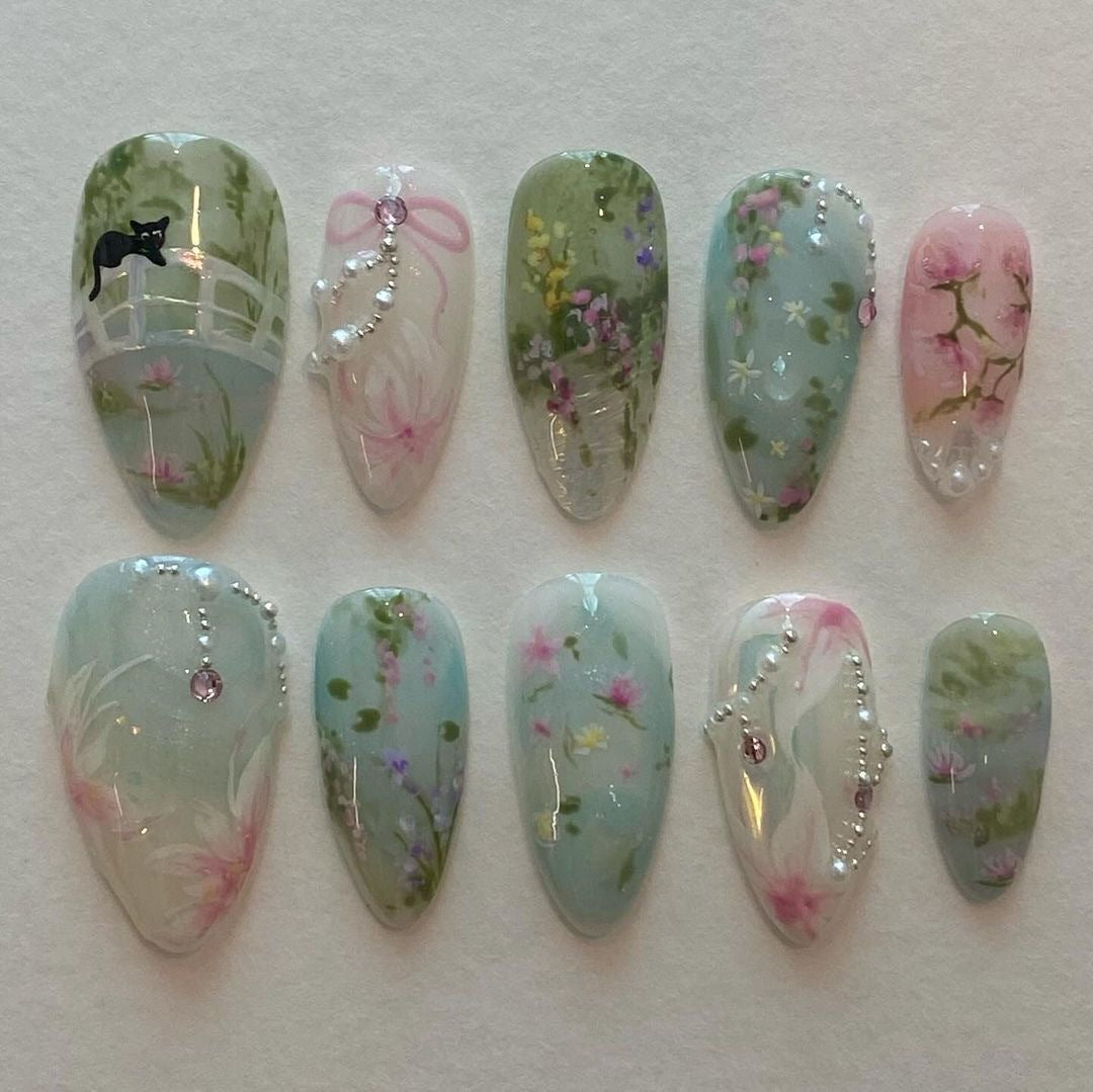 24片裝 春夏新品 杏仁形田園風小清新花朵穿戴甲 批發 ｜365nails