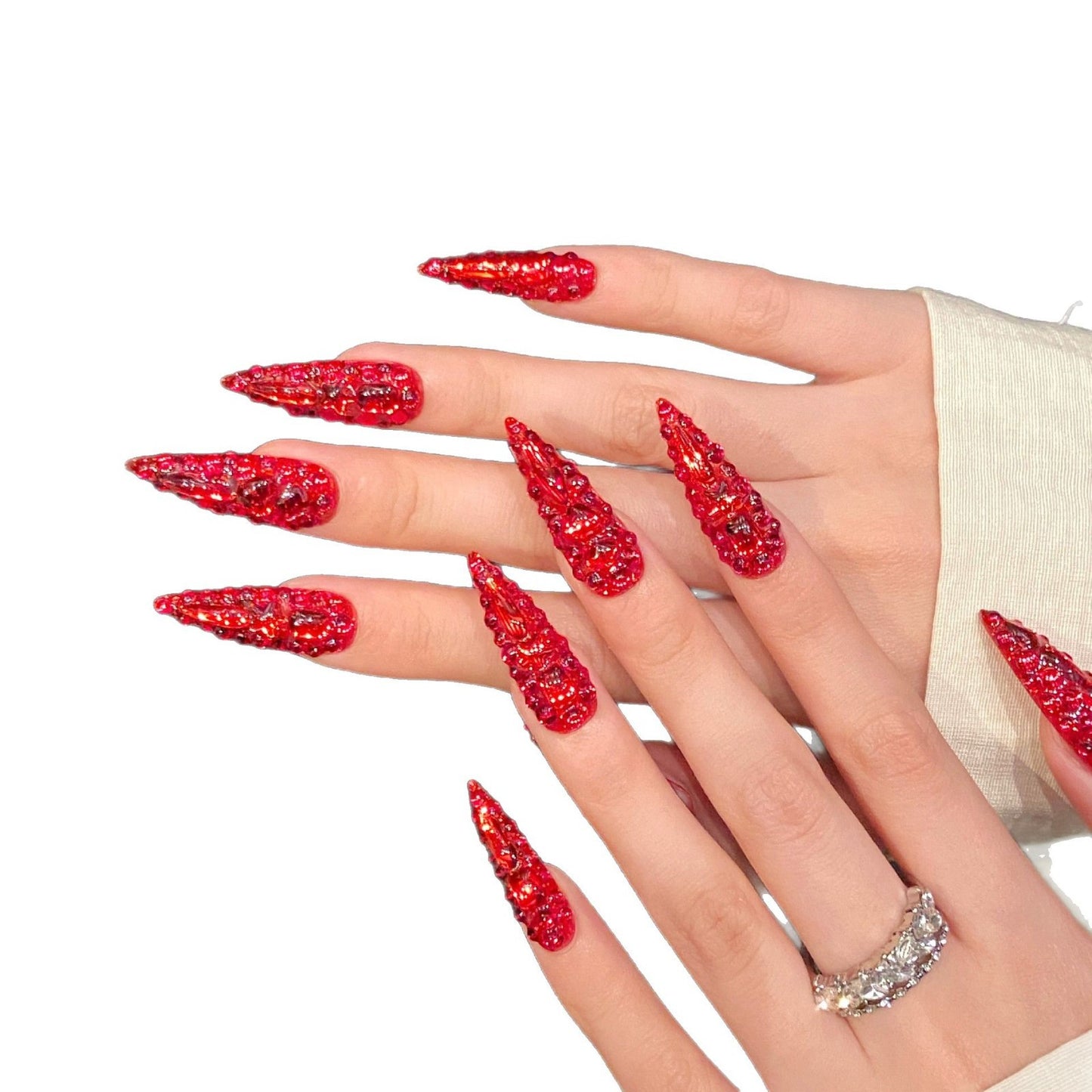Exploding Diamond Series Full Diamond Red  Explosive Flash White  Wind Tip Handmade Wear nails | 365nails