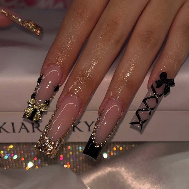 Long Stiletto Press On Nails with Pink Bows & Rhinestone Accents