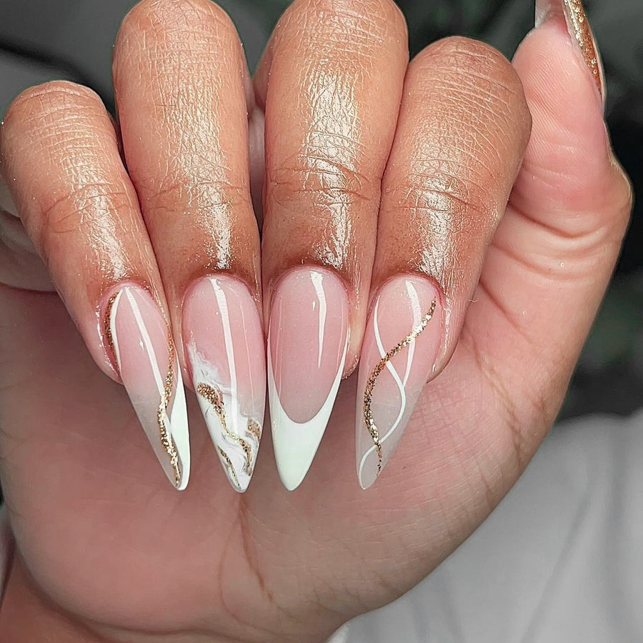 Ongles press-on français rayés à paillettes, mi-long et long, finis, 24 pièces, style nail art | 365nails