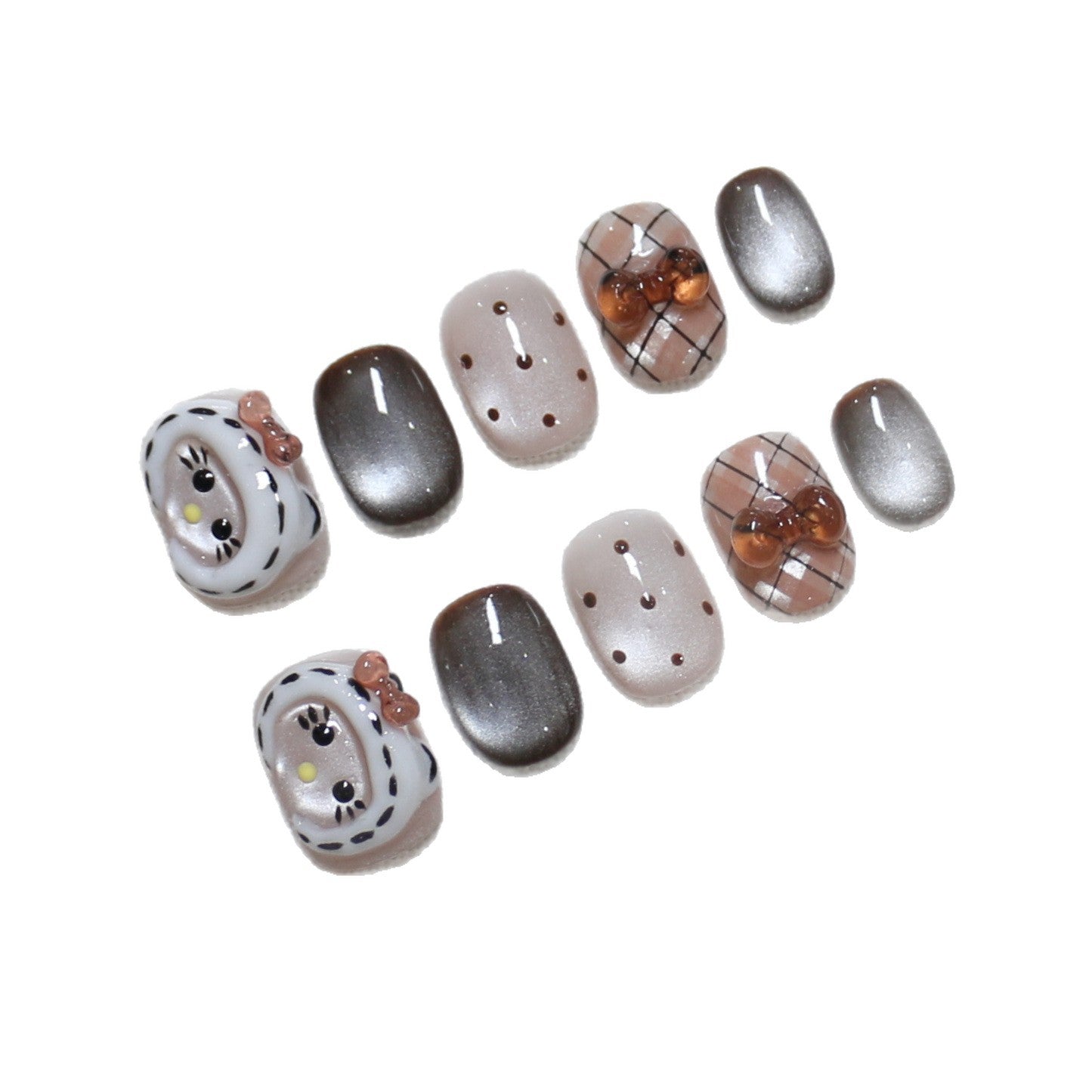 Autumn Kitty Series: "Mocha Plaid Kitty" – Short Round Handmade Press-on Nails