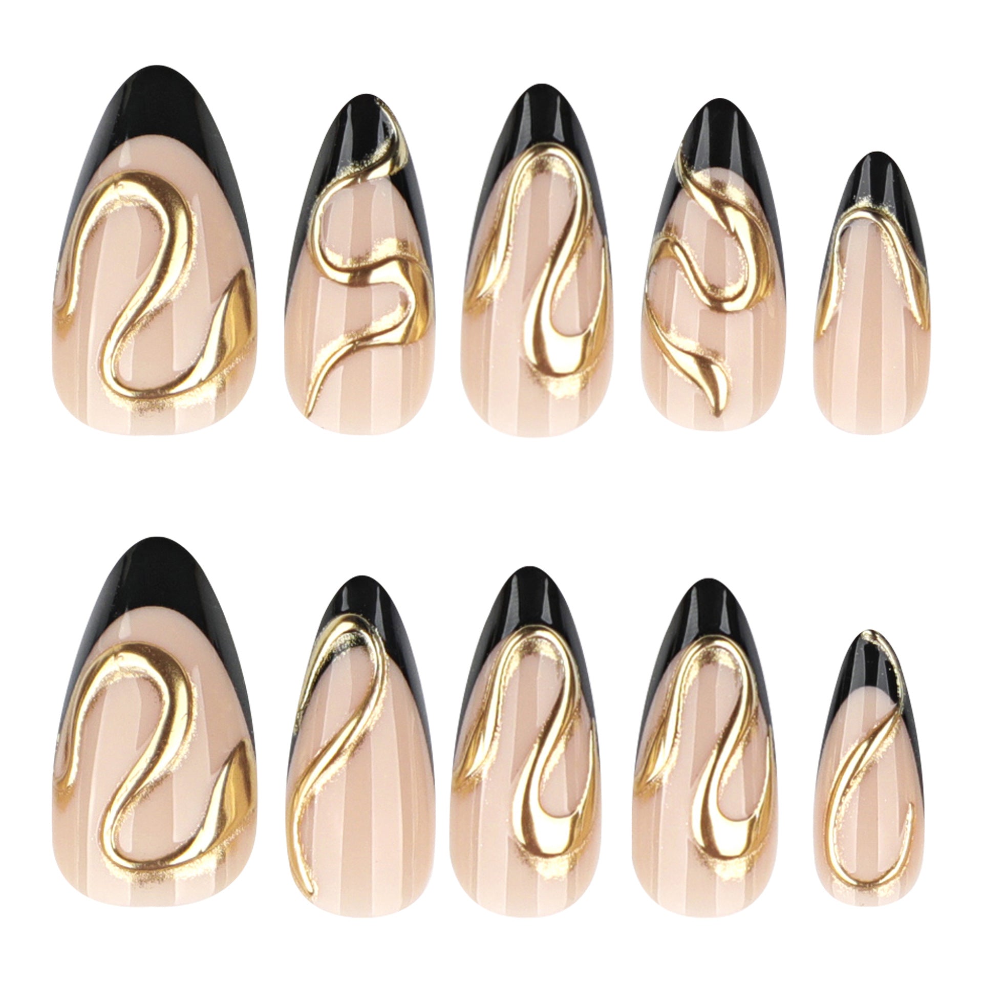 Long Almond Press On Nails with Nude Base & Black French Tip & Gold Line Accents